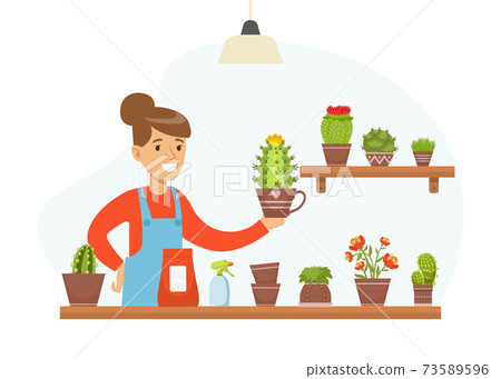 Young Woman in Apron Taking Care of Her Plants in Flowerpots Vector Illustration 73589596