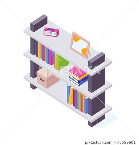 Books on shelf in isometric vector illustration. 73589601