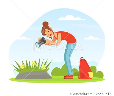Young Woman with Camera Taking Photograph of Flowers Outdoor Vector Illustration Young Woman with Camera Taking Photograph of Flowers Outdoor Vector Illustration 73589612