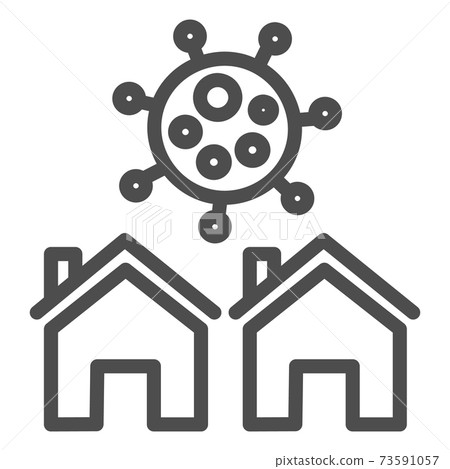 Two buildings and corona virus cell line icon, coronavirus awareness concept, self-isolation at home sign on white background, stay safe at home symbol in outline style. Vector graphics. Two buildings and corona virus cell line icon, coronavirus awareness concept, self-isolation at home sign on white background, stay safe at home symbol in outline style. Vector graphics. 73591057