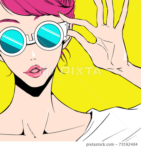Woman wearing blue sunglasses Woman wearing blue sunglasses 73592484