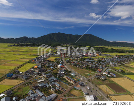 Autumn aerial view of Yahiko village 73592668