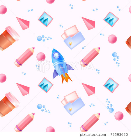 Online education, school, e-learning seamless pattern, rocket, pencil coffee cup, folder, bubbles.  73593650