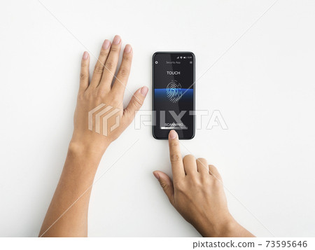 Woman Touching Fingerprint Scanner On Smartphone, White Background, Collage Woman Touching Fingerprint Scanner On Smartphone, White Background, Collage 73595646