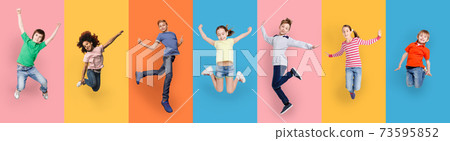 Happy Diverse Kids Jumping Posing Over Different Colorful Backgrounds, Collage 73595852