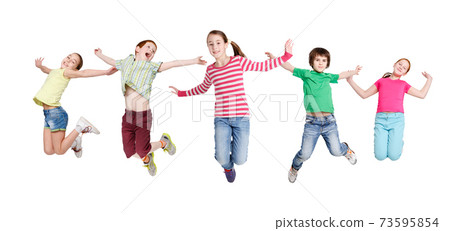 Joyful Children Jumping In Mid-Air Posing Over White Background Joyful Children Jumping In Mid-Air Posing Over White Background 73595854