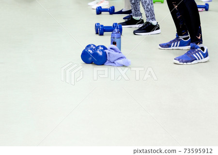 Fitness training group of girls with blu dumbbells in the gym Fitness training group of girls with blu dumbbells in the gym 73595912