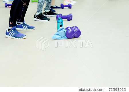 Fitness training group of girls with dumbbells in the gym Fitness training group of girls with dumbbells in the gym 73595913