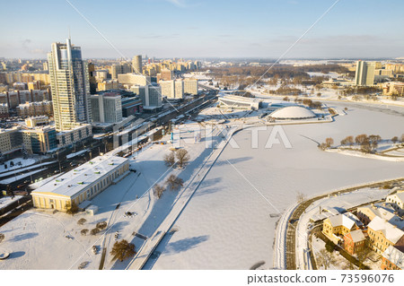 Snow-covered old center of Minsk from a height. The Trinity suburb. Belarus 73596076