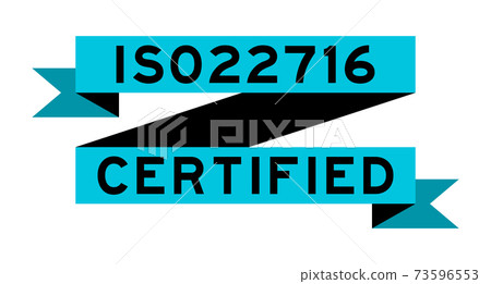 Vintage blue color ribbon banner with word ISO 22716 certified on white background 73596553