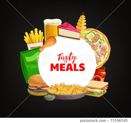 Fast food round banner vector takeaway meals. Fast food round banner vector takeaway meals. 73596595