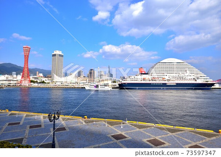 View of Kobe Port from Kobe Mosaic Luxury liner and blue sky 73597347