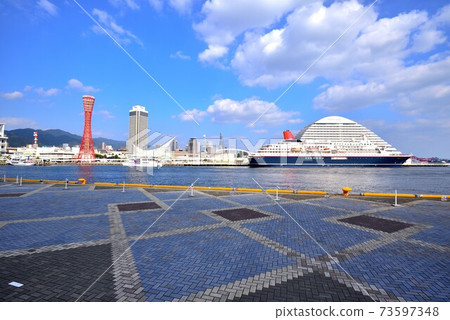 View of Kobe Port from Kobe Mosaic Luxury liner and blue sky 73597348