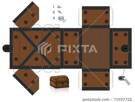 Treasure chest template. Cut out, fold and glue it. Paper model with lid that can be opened. Wooden textured box for precious objects, luxury, belongings or little things. 73597728