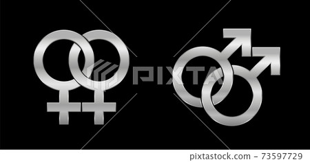 Lesbian and gay love symbols, silver emblem style, isolated vector logo illustration on black background. Lesbian and gay love symbols, silver emblem style, isolated vector logo illustration on black background. 73597729