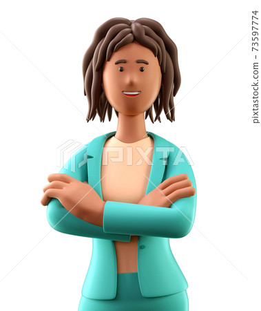 3D illustration of beautiful african american woman with arms crossed. Close up portrait of cartoon smiling elegant businesswoman 73597774