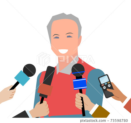 Press conference with elderly person. Journalist with microphone interviews handsome smiling man Press conference with elderly person. Journalist with microphone interviews handsome smiling man 73598780