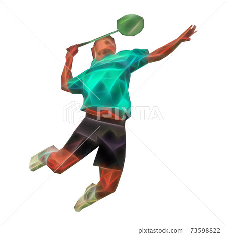 Polygonal professional badminton player on colorful low poly background doing smash shot isolated on white background 73598822