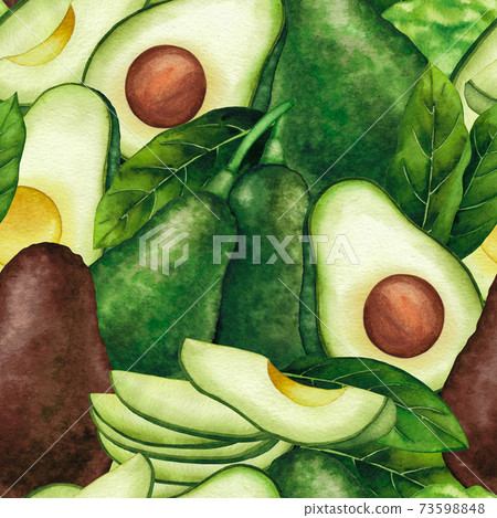 Watercolor avocado fruits and leaves isolated on white background 73598848