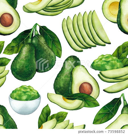 Watercolor seamless pattern of avocado fruits and leaves Watercolor seamless pattern of avocado fruits and leaves 73598852