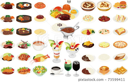 Illustration of popular dishes at Western restaurants ① (kids' lunch, omelet rice, curry rice, napolitan, parfait) 73599411