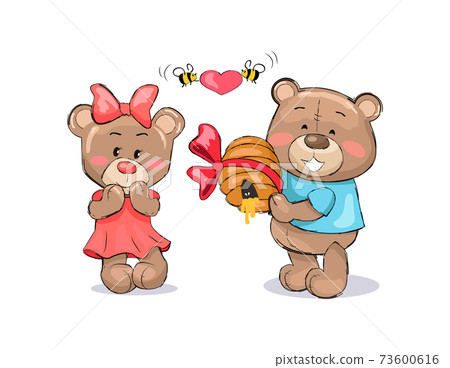 Male Teddy Bear in Blue T-shirt Holding Hive Honey Male Teddy Bear in Blue T-shirt Holding Hive Honey 73600616