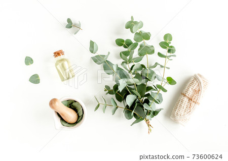 Bottle of eucalyptus essential oil, eucalyptus leaves on white background. Natural Organic cosmetics products. Flat lay, top view. Bottle of eucalyptus essential oil, eucalyptus leaves on white background. Natural Organic cosmetics products. Flat lay, top view. 73600624