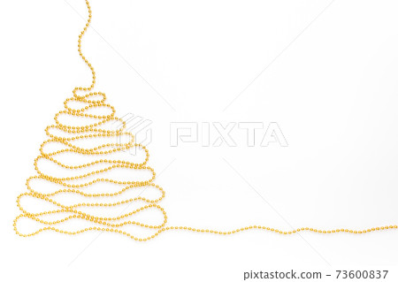 Christmas tree made of golden tinsel on white background with empty copy space for text. Flat lay, top view minimal holiday concept. 73600837