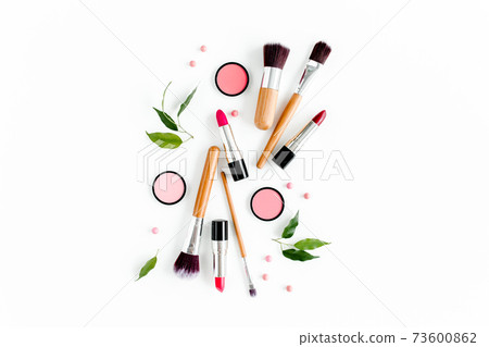 Professional decorative cosmetics, makeup tools on white background. Flat composition beauty, fashion. flat lay, top view 73600862