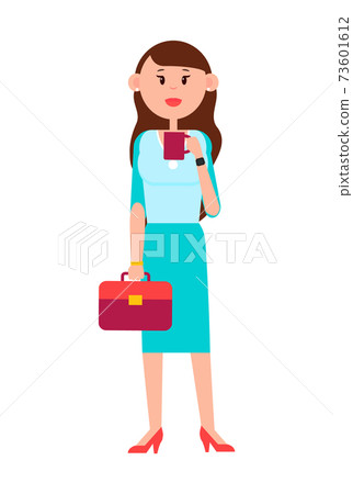 Grown-up Girl with Briefcase and Cup of Coffee 73601612