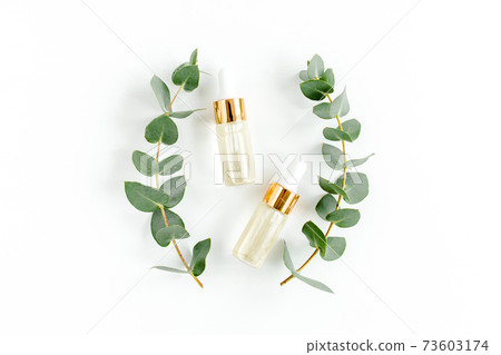 Eucalyptus essential oil, eucalyptus leaves on white background. Natural, Organic cosmetics products. Medicinal, Natural Serums. Flat lay, top view. Eucalyptus essential oil, eucalyptus leaves on white background. Natural, Organic cosmetics products. Medicinal, Natural Serums. Flat lay, top view. 73603174