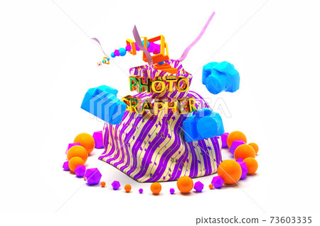 large striped gift bag for the photographer with blue low poly cameras flying around it. Birthday present 3d illustration 73603335