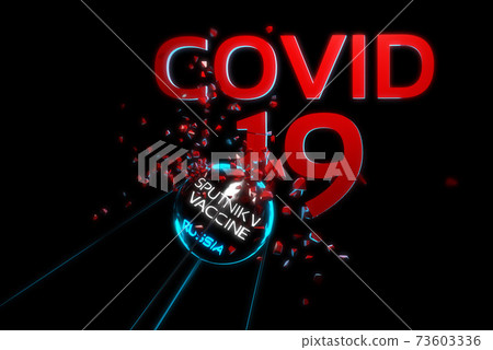 Flying satellite breaks inscription covid-19. New vaccine named sputnik created by scientists of Russia. 2019-nCov pandemic 3d illustration. Selective focus macro shot with shallow DOF Flying satellite breaks inscription covid-19. New vaccine named sputnik created by scientists of Russia. 2019-nCov pandemic 3d illustration. Selective focus macro shot with shallow DOF 73603336