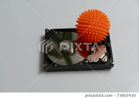 Concept, data infected by a virus. Disassembled hard drive with virus Concept, data infected by a virus. Disassembled hard drive with virus 73603430