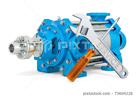 Service and repair of horizontal multistage pump, 3D rendering Service and repair of horizontal multistage pump, 3D rendering 73604226