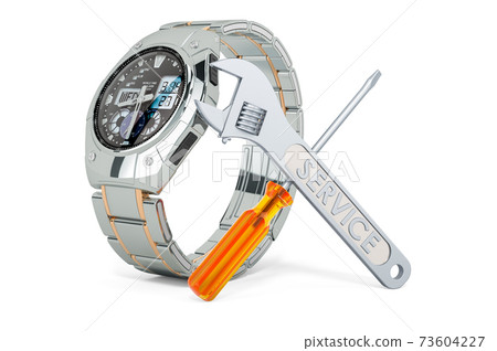 Service and repair of analog digital watch, 3D rendering 73604227