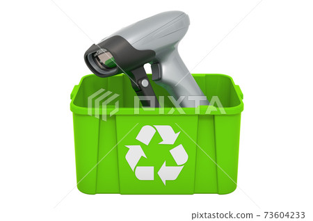 Recycling trashcan with bar code reader, 3D rendering Recycling trashcan with bar code reader, 3D rendering 73604233