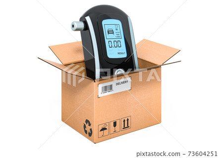 Breathalyzer, portable breath alcohol tester inside cardboard box, delivery concept. 3D rendering Breathalyzer, portable breath alcohol tester inside cardboard box, delivery concept. 3D rendering 73604251