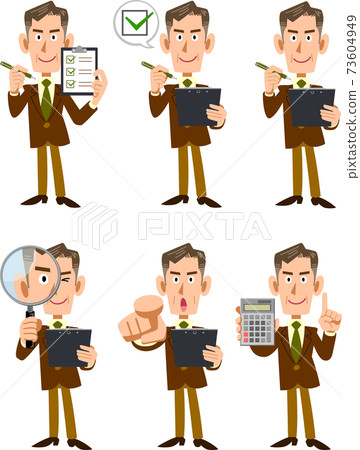 Illustration set of elderly businessmen with checklists and magnifying glass Illustration set of elderly businessmen with checklists and magnifying glass 73604949