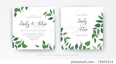 Modern, minimalist style leafy wedding invitation, floral invite card design. Natural eco-friendly eucalyptus greenery branches, green leaves decorative illustration. Vector art botanical template set 73605014