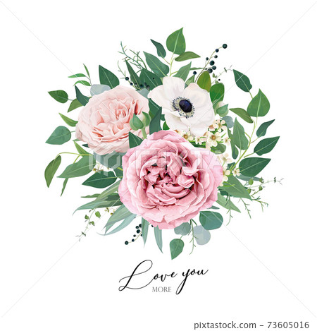 Vector art floral watercolor bouquet editable illustration. Elegant mauve, dusty pink garden rose flowers, anemone, tender, creamy wax flower, eucalyptus greenery, leaves, sage green herbs and berries 73605016