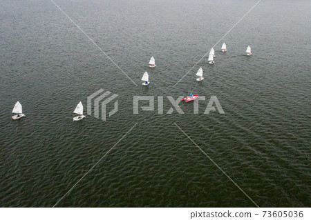 Sailing regatta on the sea. many white sails float on the water 73605036