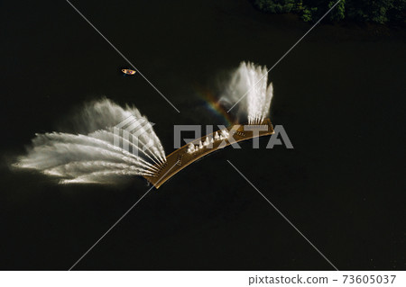 Top view of the Victory Park in Minsk and the Svisloch river with a fountain.A bird's-eye view of the fountain and the boat.Belarus 73605037
