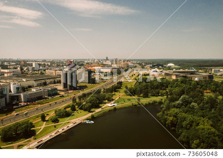 Top view of the victory Park in Minsk and the Svisloch river.A bird's-eye view of the city of Minsk and the Park complex.Belarus 73605048