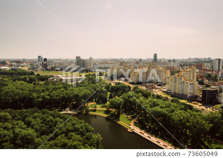 Top view of the victory Park in Minsk and the Svisloch river.A bird's-eye view of the city of Minsk and the Park complex.Belarus 73605049