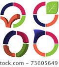Set of  colorful vector icons in 3d style. Abstract circle elements in four colors with isometric elements like leaf ikon, check mark, shark fin icon  73605649