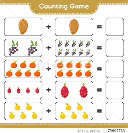 Counting game, count the number of Fruits and write the result. Educational children game, printable worksheet, vector illustration Counting game, count the number of Fruits and write the result. Educational children game, printable worksheet, vector illustration 73605783