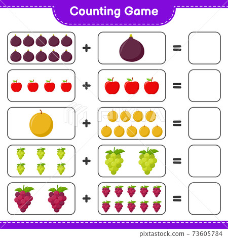 Counting game, count the number of Fruits and write the result. Educational children game, printable worksheet, vector illustration 73605784