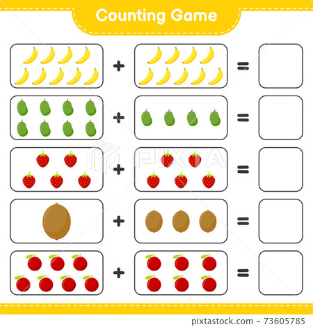 Counting game, count the number of Fruits and write the result. Educational children game, printable worksheet, vector illustration Counting game, count the number of Fruits and write the result. Educational children game, printable worksheet, vector illustration 73605785
