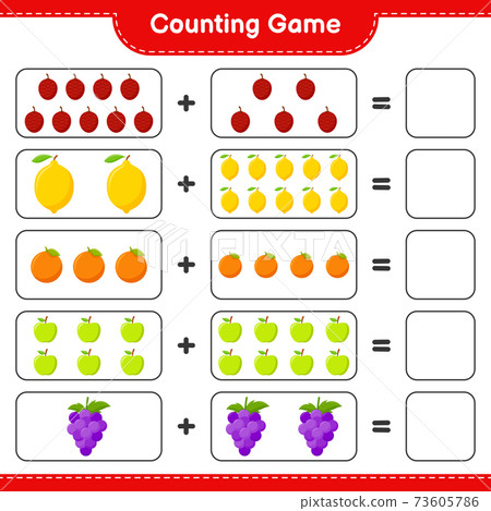 Counting game, count the number of Fruits and write the result. Educational children game, printable worksheet, vector illustration Counting game, count the number of Fruits and write the result. Educational children game, printable worksheet, vector illustration 73605786